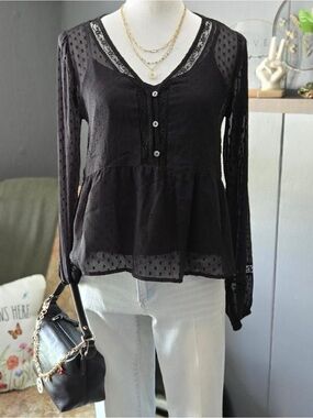 Hollister Sheer Black Lace Babydoll Peplum Blouse